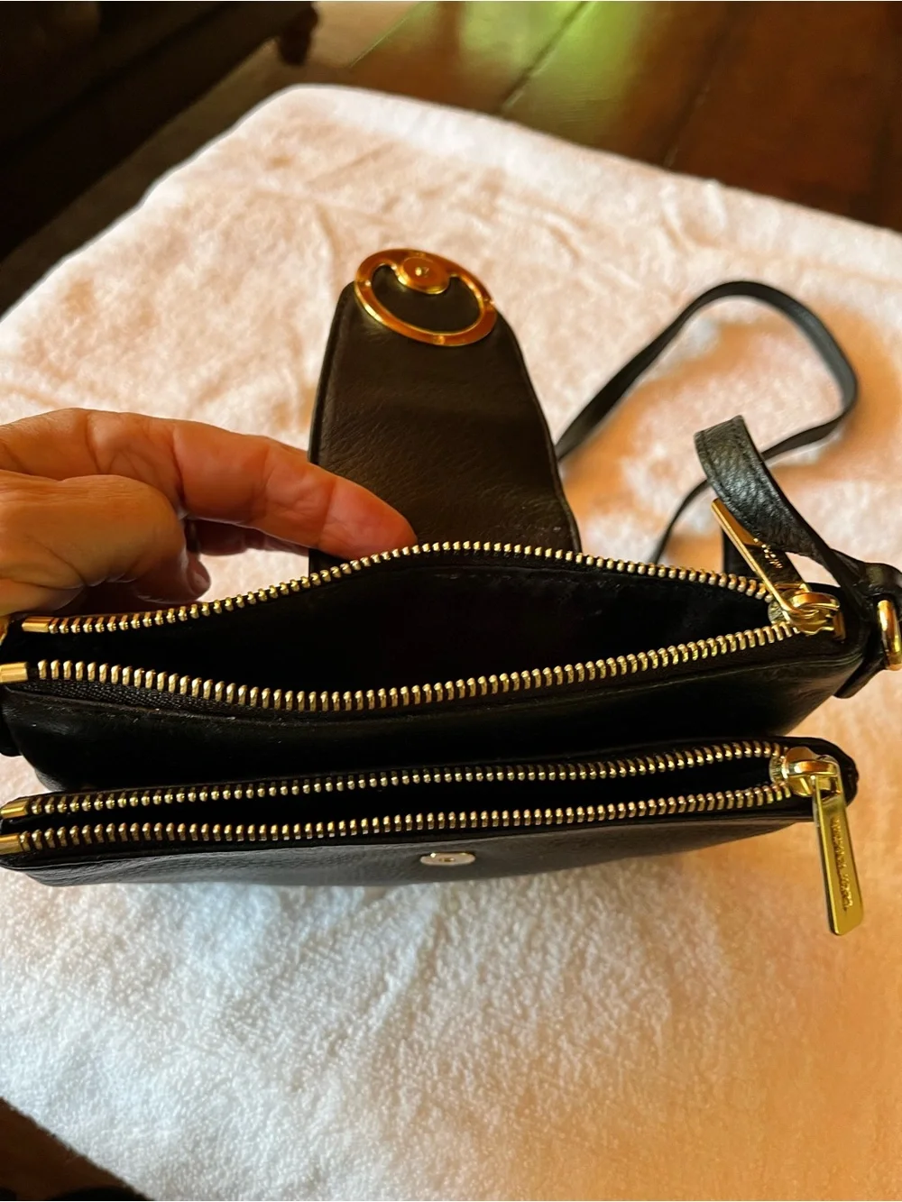 Michael Kors Black Leather Crossbody with Gold MK Emblem